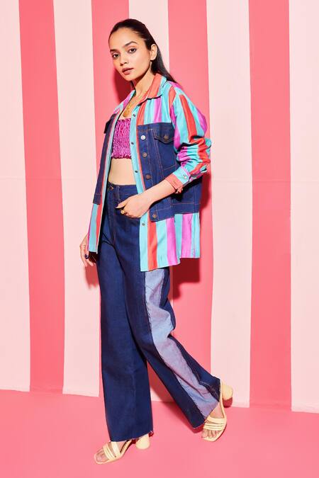 Ananya Agrawal Label_Multi Color Denim, Chanderi Silk Collared Bar Striped And Panel Shacket _Online_at_Aza_Fashions