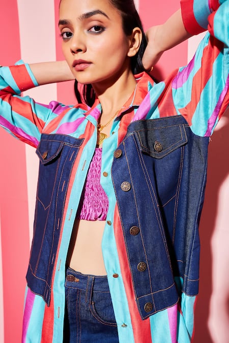 Buy_Ananya Agrawal Label_Multi Color Denim, Chanderi Silk Collared Bar Striped And Panel Shacket _Online_at_Aza_Fashions