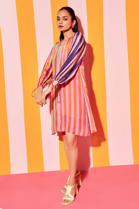 Ananya Agrawal Label_Multi Color Crepe Round Neck Bar Striped Print Midi Dress _Online_at_Aza_Fashions