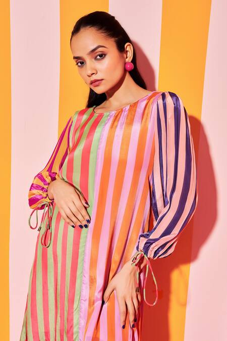 Buy_Ananya Agrawal Label_Multi Color Crepe Round Neck Bar Striped Print Midi Dress _Online_at_Aza_Fashions