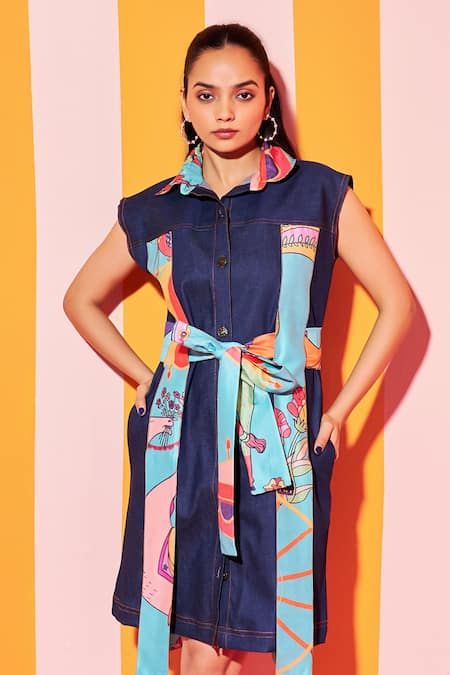 Ananya Agrawal Label_Green Denim, Chanderi Silk Collared Whimsy Waist Tie Up Detail Shirt Dress _Online_at_Aza_Fashions