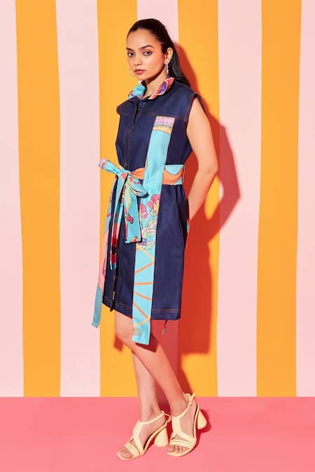 Buy_Ananya Agrawal Label_Green Denim, Chanderi Silk Collared Whimsy Waist Tie Up Detail Shirt Dress _Online_at_Aza_Fashions