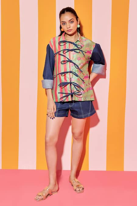 ANANYA AGRAWAL LABEL Green Pure Chanderi Silk Print Whimsy Collar And Stripe Shirt With Denim Shorts 