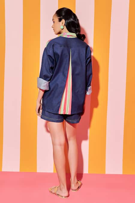 Ananya Agrawal Label Whimsy & Stripe Print Shirt With Denim Shorts 