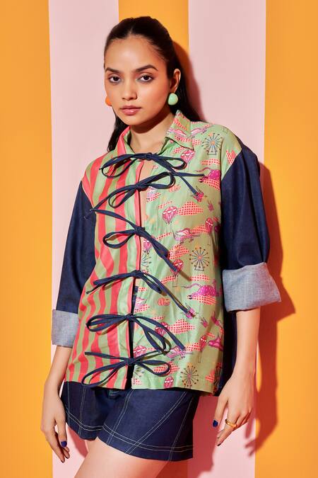 Buy_Ananya Agrawal Label_Green Denim, Chanderi Silk Collared Whimsy And Stripe Print Shirt With Shorts _Online_at_Aza_Fashions