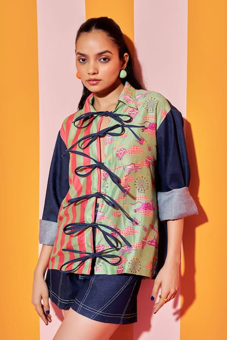 ANANYA AGRAWAL LABEL Green Pure Chanderi Silk Print Whimsy Collar Neck And Stripe Shirt 