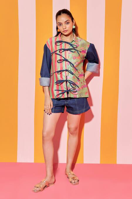 Ananya Agrawal Label_Green Denim, Chanderi Silk Collared Whimsy And Stripe Print Shirt _Online_at_Aza_Fashions