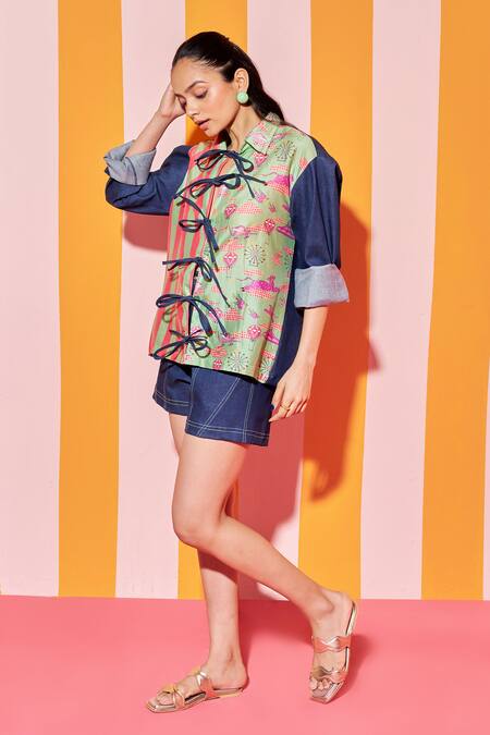 Buy_Ananya Agrawal Label_Green Denim, Chanderi Silk Collared Whimsy And Stripe Print Shirt _Online_at_Aza_Fashions