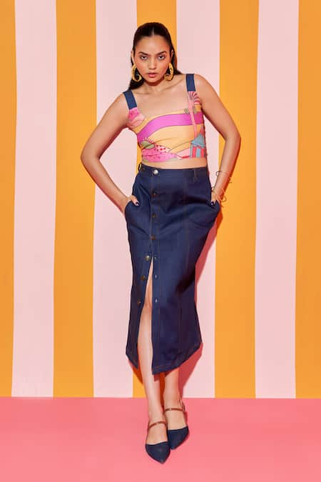 ANANYA AGRAWAL LABEL Pink Pure Chanderi Silk Print Wonderland Square Neck Crop Top With Denim Skirt 