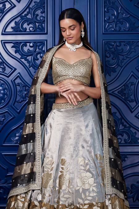 Basanti - Kapde Aur Koffee Brown Organza, Brocade Sequins, Embroidery, Floral Banarasi Woven Lehenga Set Online at Aza Fashions Basanti - Kapde Aur Koffee_Brown Organza, Brocade Sequins, Embroidery, Floral Banarasi Woven Lehenga Set_Online_at_Aza_Fashions