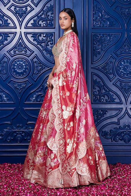 Buy_Basanti - Kapde Aur Koffee_Pink Organza, Brocade, Silk Floral Bloom Banarasi Motif Pattern Lehenga Set_Online_at_Aza_Fashions