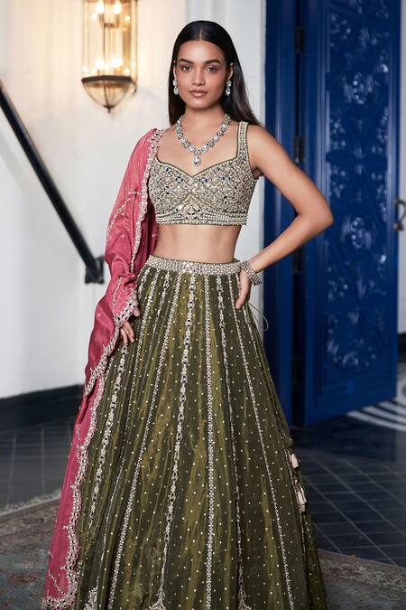 Buy_Basanti - Kapde Aur Koffee_Green Tissue Mirrors, Sequins Linear Embroidered Lehenga Set_Online_at_Aza_Fashions