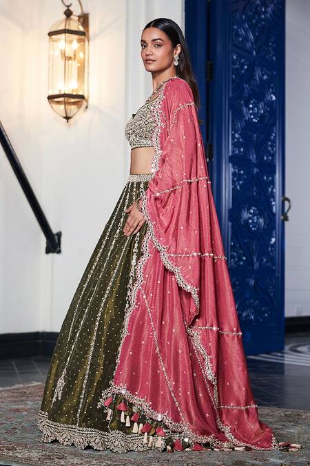 Shop_Basanti - Kapde Aur Koffee_Green Tissue Mirrors, Sequins Linear Embroidered Lehenga Set_Online_at_Aza_Fashions