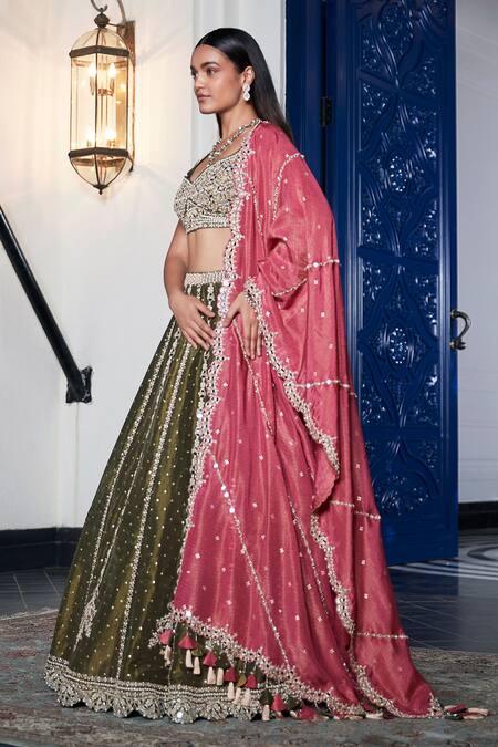 Basanti - Kapde Aur Koffee_Green Tissue Mirrors, Sequins Linear Embroidered Lehenga Set_at_Aza_Fashions