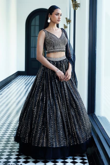 Basanti - Kapde Aur Koffee_Black Net Sequins, Cut Work V-neck Butti Embroidered Lehenga Set_Online_at_Aza_Fashions