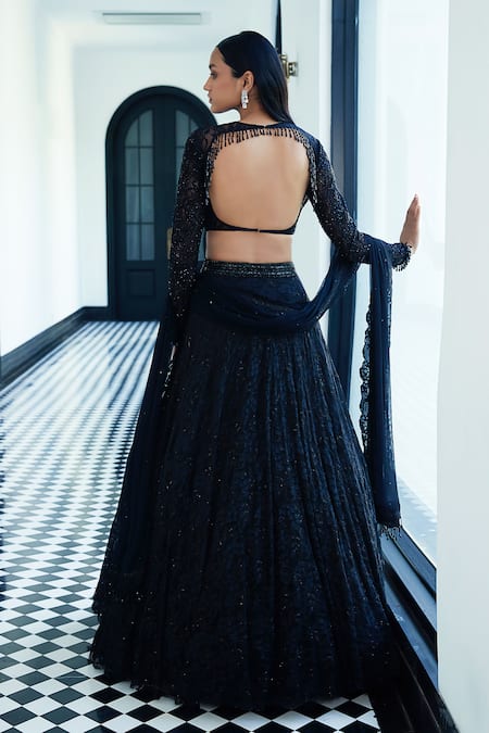 Basanti - Kapde Aur Koffee_Black Chiffon Sequins, Beads, Cut Work Tonal Floral Vine Embroidered Lehenga Set _Online_at_Aza_Fashions