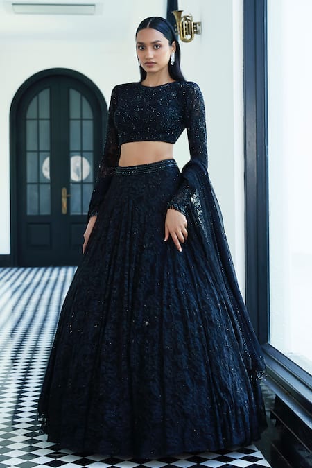 Buy_Basanti - Kapde Aur Koffee_Black Chiffon Sequins, Beads, Cut Work Tonal Floral Vine Embroidered Lehenga Set _Online_at_Aza_Fashions
