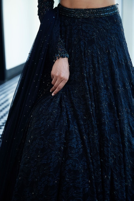 Shop_Basanti - Kapde Aur Koffee_Black Chiffon Sequins, Beads, Cut Work Tonal Floral Vine Embroidered Lehenga Set _Online_at_Aza_Fashions