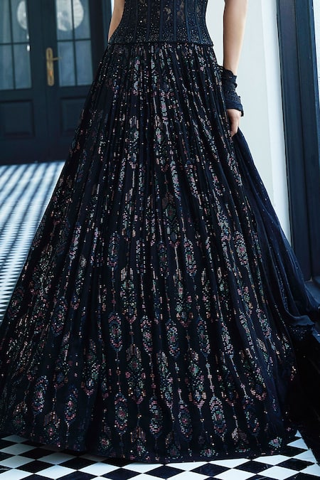 Basanti - Kapde Aur Koffee_Black Sequins, Cut Work, Beads Sweetheart Neck Embroidered Lehenga And Corset Set_Online_at_Aza_Fashions