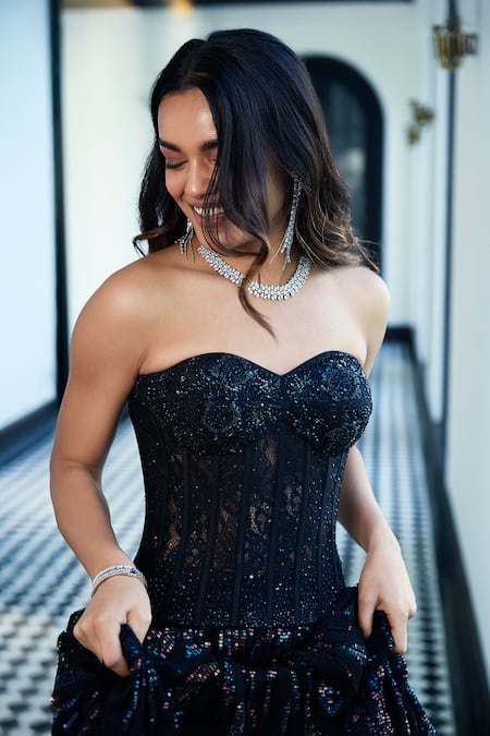 Buy_Basanti - Kapde Aur Koffee_Black Sequins, Cut Work, Beads Sweetheart Neck Embroidered Lehenga And Corset Set_Online_at_Aza_Fashions