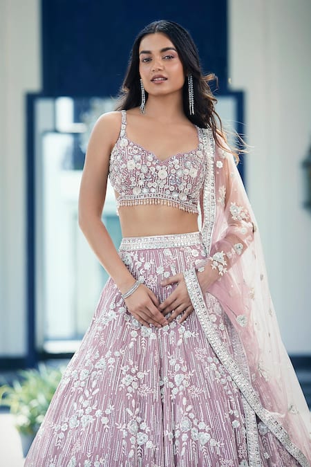 Shop_Basanti - Kapde Aur Koffee_Pink Organza Sequins, Crystals, Embroidery, Cut Work Floral Lehenga Set_Online_at_Aza_Fashions