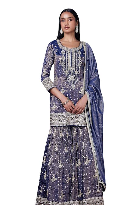 Basanti Kapde aur Koffee_Purple Tissue Sequins, Beads, Embroidery Round Neck Floral Kurta Sharara Set_Online_at_Aza_Fashions