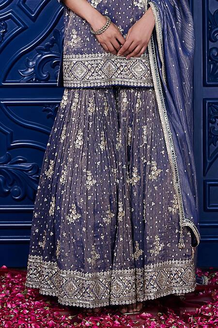 Buy_Basanti Kapde aur Koffee_Purple Tissue Sequins, Beads, Embroidery Round Neck Floral Kurta Sharara Set_Online_at_Aza_Fashions