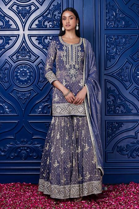 Shop_Basanti Kapde aur Koffee_Purple Tissue Sequins, Beads, Embroidery Round Neck Floral Kurta Sharara Set_Online_at_Aza_Fashions