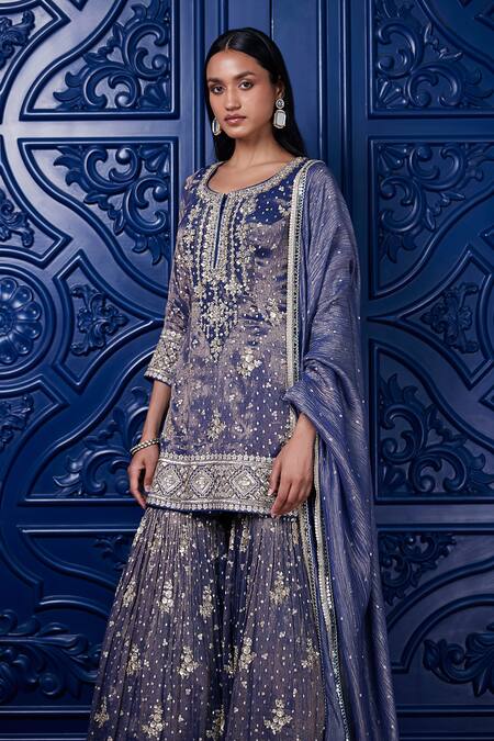 Basanti Kapde aur Koffee_Purple Tissue Sequins, Beads, Embroidery Round Neck Floral Kurta Sharara Set_at_Aza_Fashions