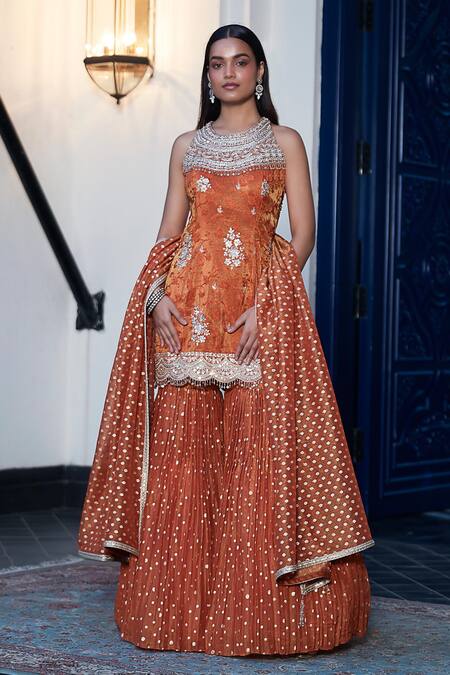 Basanti - Kapde Aur Koffee Orange Tissue Sequins Round Neck Floral Embroidered Kurta Sharara Set Online at Aza Fashions Basanti - Kapde Aur Koffee_Orange Tissue Sequins Round Neck Floral Embroidered Kurta Sharara Set_Online_at_Aza_Fashions