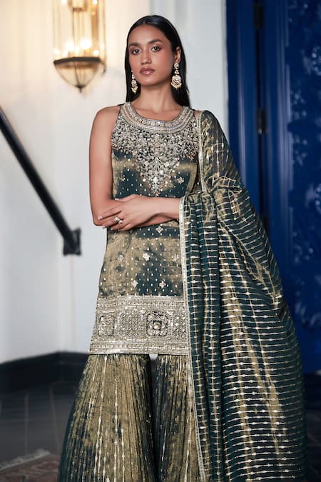 Shop_Basanti - Kapde Aur Koffee_Green Tissue Sequins, Beads Round Neck Embroidered Kurta Sharara Set_Online_at_Aza_Fashions