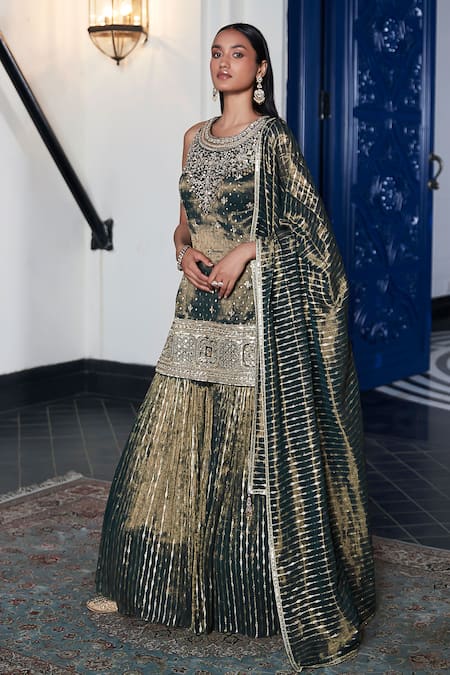 Basanti - Kapde Aur Koffee_Green Tissue Sequins, Beads Round Neck Embroidered Kurta Sharara Set_at_Aza_Fashions