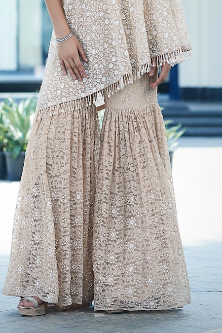 Basanti - Kapde Aur Koffee_Beige Silk, Chiffon Pearls, Crystals One Floral Embroidered Cape Sharara Set_Online_at_Aza_Fashions