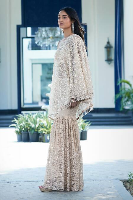 Basanti - Kapde Aur Koffee_Beige Silk, Chiffon Pearls, Crystals One Floral Embroidered Cape Sharara Set_at_Aza_Fashions