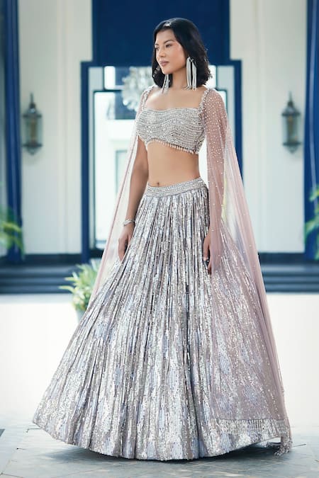 Buy_Basanti - Kapde Aur Koffee_Silver Georgette Sequins, Cut Work, Beads Square Embroidered Lehenga With Blouse_Online_at_Aza_Fashions