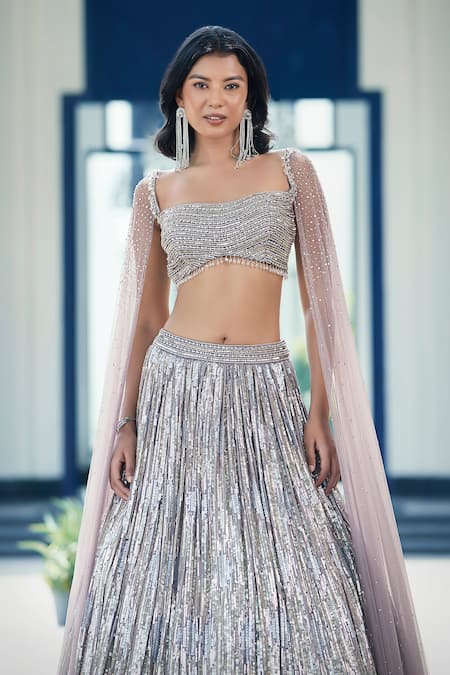 Shop_Basanti - Kapde Aur Koffee_Silver Georgette Sequins, Cut Work, Beads Square Embroidered Lehenga With Blouse_Online_at_Aza_Fashions