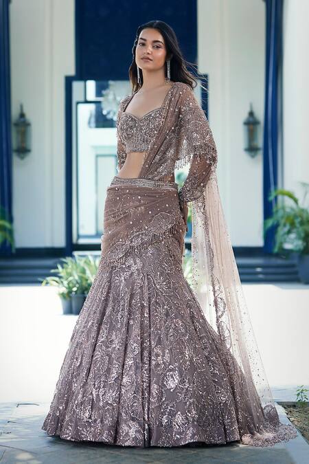 Basanti - Kapde Aur Koffee_Brown Silk, Net Sequins, Metallic Thread, Embroidered Lehenga Blouse Set_Online_at_Aza_Fashions