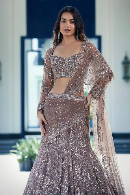 Buy_Basanti - Kapde Aur Koffee_Brown Silk, Net Sequins, Metallic Thread, Embroidered Lehenga Blouse Set_Online_at_Aza_Fashions