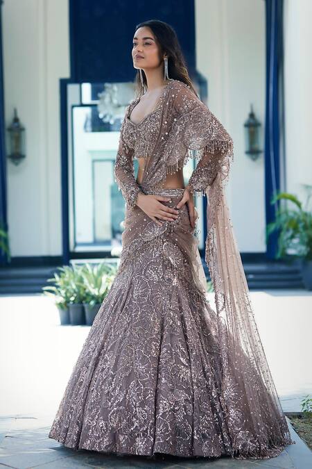 Shop_Basanti - Kapde Aur Koffee_Brown Silk, Net Sequins, Metallic Thread, Embroidered Lehenga Blouse Set_Online_at_Aza_Fashions