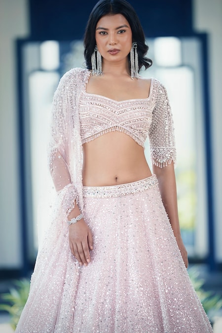 Shop Basanti - Kapde Aur Koffee Pink Net, Silk Crystals, Pearls, Sequins Sweetheart Neck Embroidered Lehenga Set Online at Aza Fashions Shop_Basanti - Kapde Aur Koffee_Pink Net, Silk Crystals, Pearls, Sequins Sweetheart Neck Embroidered Lehenga Set _Online_at_Aza_Fashions