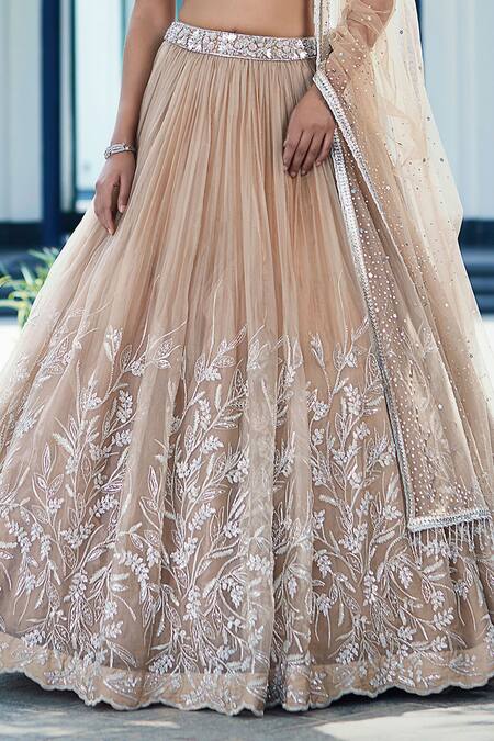 Basanti - Kapde Aur Koffee_Beige Net, Satin Sequins, Mirrors Square Floral Veli Embroidered Lehenga Set_Online_at_Aza_Fashions