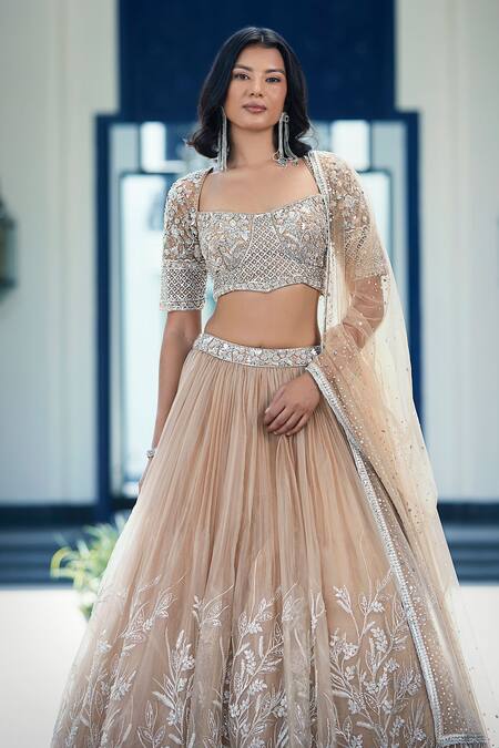 Buy_Basanti - Kapde Aur Koffee_Beige Net, Satin Sequins, Mirrors Square Floral Veli Embroidered Lehenga Set_Online_at_Aza_Fashions