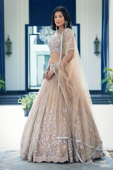 Shop_Basanti - Kapde Aur Koffee_Beige Net, Satin Sequins, Mirrors Square Floral Veli Embroidered Lehenga Set_Online_at_Aza_Fashions