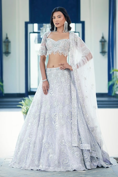 Shop_Basanti - Kapde Aur Koffee_Purple Net Sequins, Metallic Thread, Rose Pattern Embroidered Lehenga Blouse Set_Online_at_Aza_Fashions