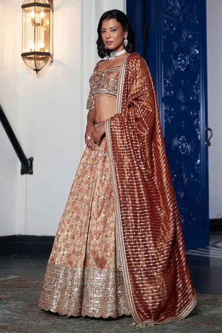Basanti - Kapde Aur Koffee_Orange Brocade Sequins, Cut Work, Mirrors Embroidered Hem Lehenga Blouse Set_Online_at_Aza_Fashions