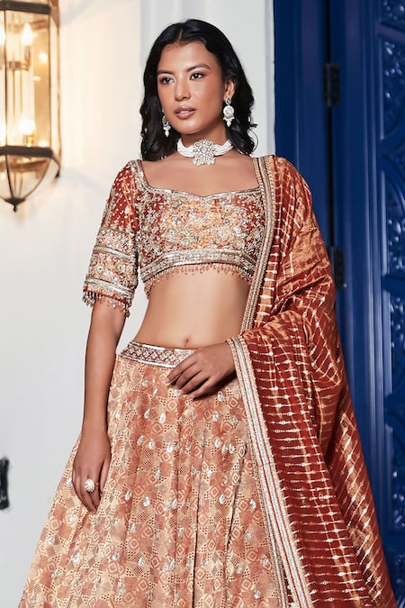 Buy_Basanti - Kapde Aur Koffee_Orange Brocade Sequins, Cut Work, Mirrors Embroidered Hem Lehenga Blouse Set_Online_at_Aza_Fashions
