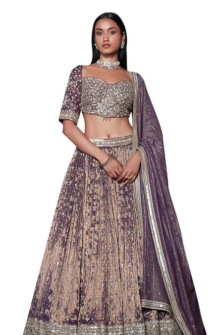 Basanti - Kapde Aur Koffee_Purple Tissue Embroidery, Sequins Sweetheart Neck Hem Lehenga Set_Online_at_Aza_Fashions