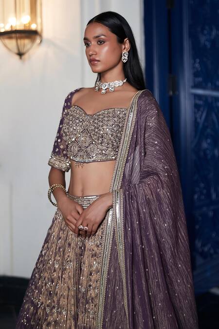 Buy_Basanti - Kapde Aur Koffee_Purple Tissue Embroidery, Sequins Sweetheart Neck Hem Lehenga Set_Online_at_Aza_Fashions