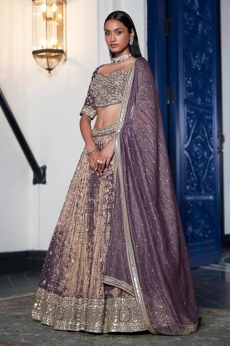 Shop_Basanti - Kapde Aur Koffee_Purple Tissue Embroidery, Sequins Sweetheart Neck Hem Lehenga Set_Online_at_Aza_Fashions