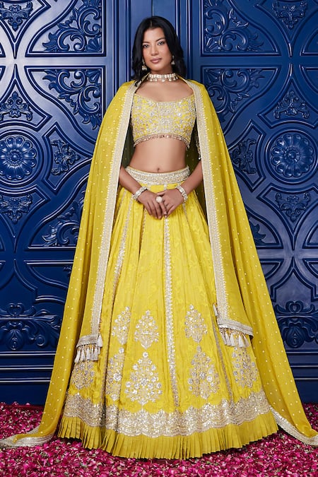 Basanti - Kapde Aur Koffee Yellow Organza Tissue Embroidered Sequin Scoop Floral Pleated Lehenga Set 